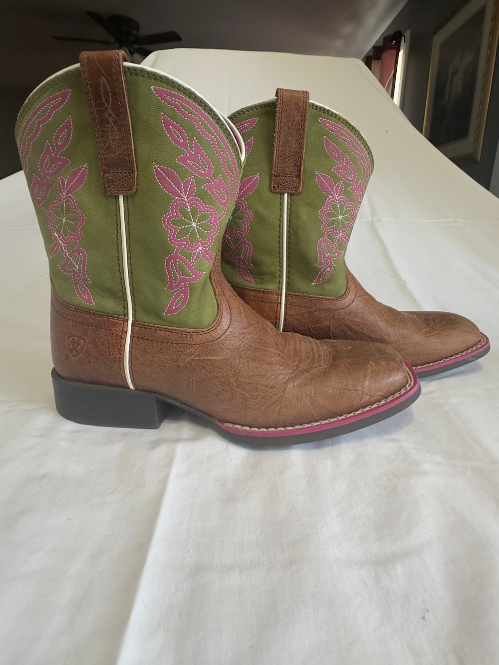Ariat Kids Brown and Green Boots with Pink Stitching